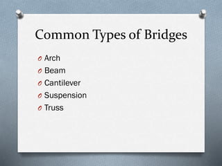 Common Types of Bridges
O Arch
O Beam
O Cantilever
O Suspension
O Truss
 