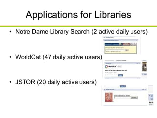 Applications for Libraries Notre Dame Library Search (2 active daily users) WorldCat (47 daily active users) JSTOR (20 daily active users) 