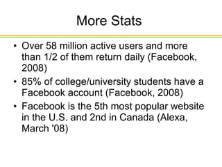 Over 58 million active users and more than 1/2 of them return daily (Facebook, 2008) 85% of college/university students have a Facebook account (Facebook, 2008) Facebook is the 5th most popular website in the U.S. and 2nd in Canada (Alexa, March '08) More Stats  