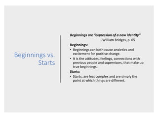 Beginnings vs.
Starts
Beginnings are “expression of a new identity”
–William Bridges, p. 65
Beginnings:
• Beginnings can both cause anxieties and
excitement for positive change.
• It is the attitudes, feelings, connections with
previous people and supervisors, that make up
true beginnings.
Starts:
• Starts, are less complex and are simply the
point at which things are different.
 