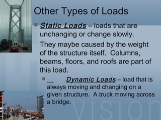 Other Types of Loads
 Static Loads – loads that are
unchanging or change slowly.
They maybe caused by the weight
of the structure itself. Columns,
beams, floors, and roofs are part of
this load.
 Dynamic Loads – load that is
always moving and changing on a
given structure. A truck moving across
a bridge.
 
