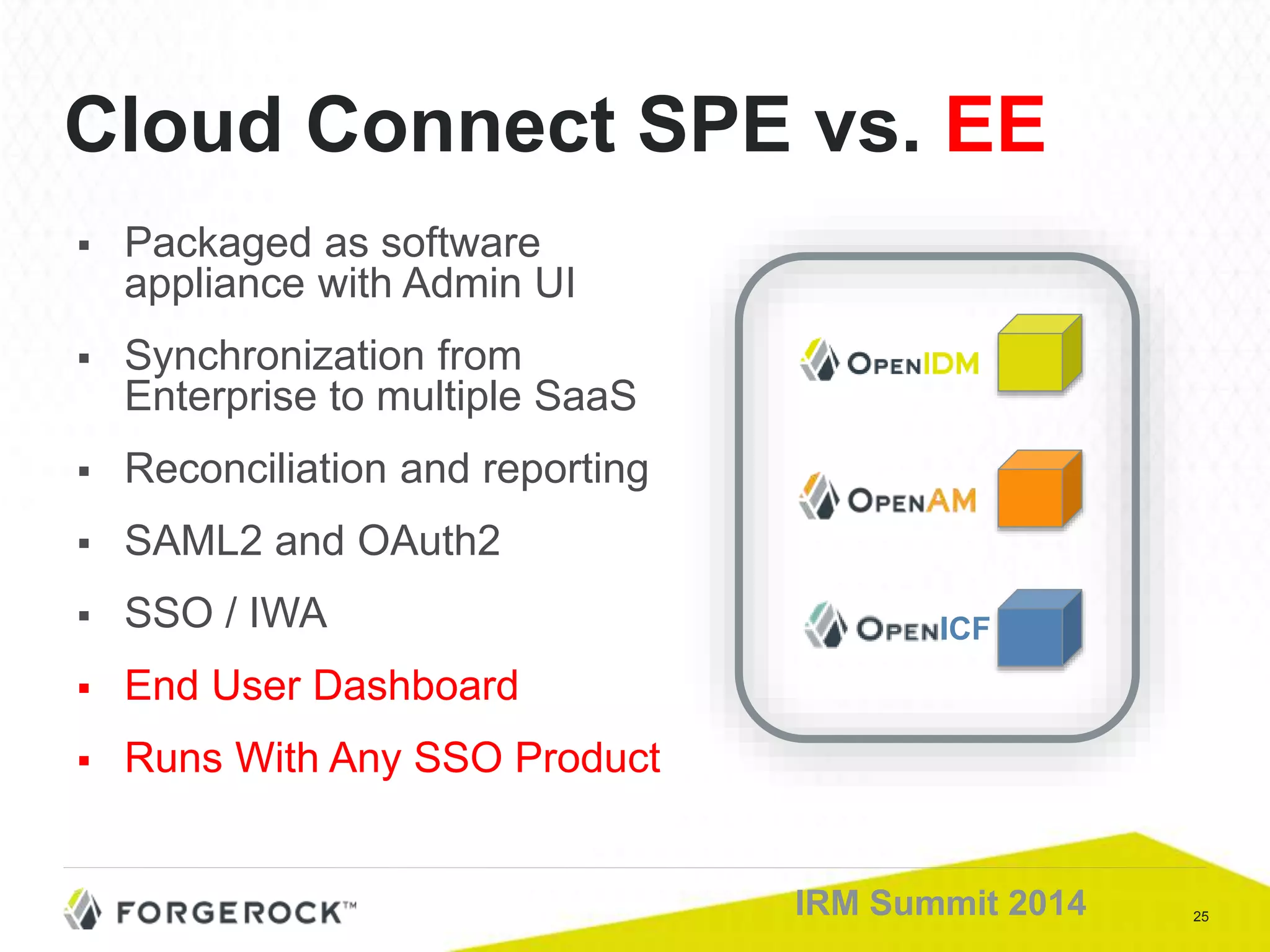25IRM Summit 2014
Cloud Connect SPE vs. EE
 Packaged as software
appliance with Admin UI
 Synchronization from
Enterprise to multiple SaaS
 Reconciliation and reporting
 SAML2 and OAuth2
 SSO / IWA
 End User Dashboard
 Runs With Any SSO Product
ICF
 