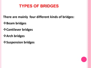 TYPES OF BRIDGES
There are mainly four different kinds of bridges:
Beam bridges
Cantilever bridges
Arch bridges
Suspension bridges
 