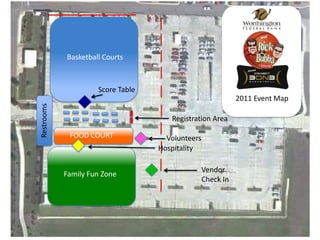 Basketball Courts Score Table 2011 Event Map Registration Area Restrooms FOOD COURT Volunteers Hospitality Vendor Check In Family Fun Zone 