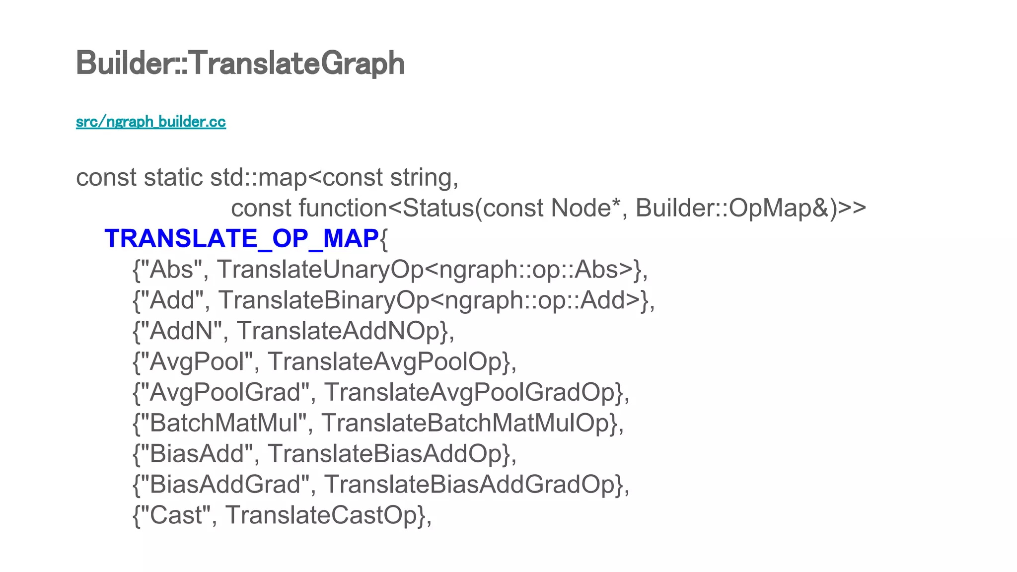 src/ngraph_builder.cc
const static std::map<const string,
const function<Status(const Node*, Builder::OpMap&)>>
TRANSLATE_OP_MAP{
{"Abs", TranslateUnaryOp<ngraph::op::Abs>},
{"Add", TranslateBinaryOp<ngraph::op::Add>},
{"AddN", TranslateAddNOp},
{"AvgPool", TranslateAvgPoolOp},
{"AvgPoolGrad", TranslateAvgPoolGradOp},
{"BatchMatMul", TranslateBatchMatMulOp},
{"BiasAdd", TranslateBiasAddOp},
{"BiasAddGrad", TranslateBiasAddGradOp},
{"Cast", TranslateCastOp},
Builder::TranslateGraph
 