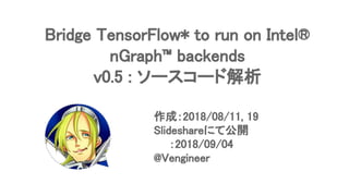 Bridge TensorFlow* to run on Intel®
nGraph™ backends
v0.5 : ソースコード解析
作成：2018/08/11, 19
Slideshareにて公開
　　：2018/09/04
@Vengineer
 