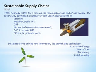 Sustainable Supply Chains
Why?
1960s Kennedy called for a man on the moon before the end of the decade; the
technology dev...