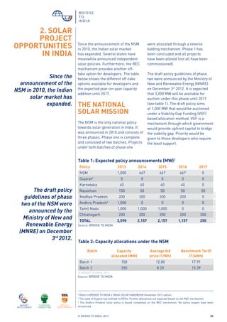 © BRIDGE TO INDIA, 2012 02
2. SOLAR
PROJECT
OPPORTUNITIES
IN INDIA
Since the announcement of the NSM
in 2010, the Indian solar market
has expanded. Several states have
meanwhile announced independent
solar policies. Furthermore, the REC
mechanism provides another off-
take option for developers. The table
below shows the different off-take
options available for developers and
the expected year-on-year capacity
addition until 2017.
THE NATIONAL
SOLAR MISSION
The NSM is the only national policy
towards solar generation in India. It
was announced in 2010 and consists of
three phases. Phase one is complete
and consisted of two batches. Projects
under both batches of phase one
2
Refer to BRIDGE TO INDIA's INDIA SOLAR HANDBOOK November 2012 edition
3
The state of Gujarat has fulfilled its RPOs. Further allocations are expected based on the REC mechanism.
4
The Andhra Pradesh solar policy is based completely on the REC mechanism. No policy targets have been
announced.
Source: BRIDGE TO INDIA
Table 1: Expected policy announcements (MW)2
Policy 2013 2014 2015 2016 2017
NSM 1,000 667 667 667 0
Gujarat3
0 0 0 0 0
Karnataka 40 40 40 40 0
Rajasthan 150 50 50 50 50
Madhya Pradesh 200 200 200 200 0
Andhra Pradesh4
1,000 0 0 0 0
Tamil Nadu 1,000 1,000 1,000 0 0
Chhatisgarh 200 200 200 200 200
TOTAL 3,590 2,157 2,157 1,157 250
were allocated through a reverse
bidding mechanism. Phase 1 has
been concluded and all projects
have been alloted (not all have been
commissioned).
The draft policy guidelines of phase
two were announced by the Ministry of
New and Renewable Energy (MNRE)
on December 3rd
2012. It is expected
that 3,000 MW will be available for
auction under this phase until 2017
(see table 1). The draft policy aims
at 1,000 MW that would be auctioned
under a Viability Gap Funding (VGF)
based allocation method. VGF is a
mechanism through which government
would provide upfront capital to bridge
the viability gap. Priority would be
given to those developers who require
the least support.
©BRIDGETOINDIA,2012
Since the
announcement of the
NSM in 2010, the Indian
solar market has
expanded.
The draft policy
guidelines of phase
two of the NSM were
announced by the
Ministry of New and
Renewable Energy
(MNRE) on December
3rd
2012.
Table 2: Capacity allocations under the NSM
Batch Capacity
allocated (MW)
Average bid
price (`/Wh)
Benchmark Tariff
(`/kWh)
Batch 1 150 12.00 17.91
Batch 2 350 8.20 15.39
© BRIDGE TO INDIA, 2012
Source: BRIDGE TO INDIA
 