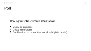 4
Poll
How is your infrastructure setup today?
• Mostly on-premises
• Mostly in the cloud
• Combination of on-premises and cloud (hybrid model)
 
