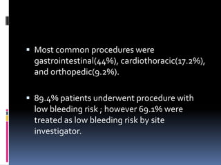  Most common procedures were
gastrointestinal(44%), cardiothoracic(17.2%),
and orthopedic(9.2%).
 89.4% patients underwent procedure with
low bleeding risk ; however 69.1% were
treated as low bleeding risk by site
investigator.
 
