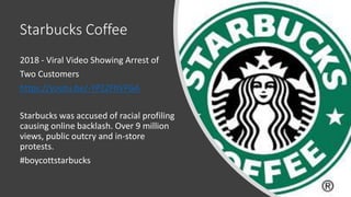 Starbucks Coffee
2018 - Viral Video Showing Arrest of
Two Customers
https://youtu.be/-YPZ2FhVFGA
Starbucks was accused of racial profiling
causing online backlash. Over 9 million
views, public outcry and in-store
protests.
#boycottstarbucks
 