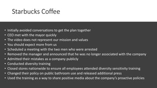 Starbucks Coffee
• Initially avoided conversations to get the plan together
• CEO met with the mayor quickly
• The video does not represent our mission and values
• You should expect more from us
• Scheduled a meeting with the two men who were arrested
• Removed the manager and announced that he was no longer associated with the company
• Admitted their mistakes as a company publicly
• Conducted diversity training
• Closed stores nationwide to ensure all employees attended diversity sensitivity training
• Changed their policy on public bathroom use and released additional press
• Used the training as a way to share positive media about the company’s proactive policies.
 