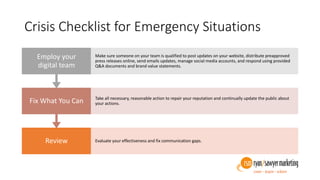 Crisis Checklist for Emergency Situations
Review Evaluate your effectiveness and fix communication gaps.
Fix What You Can Take all necessary, reasonable action to repair your reputation and continually update the public about
your actions.
Employ your
digital team
Make sure someone on your team is qualified to post updates on your website, distribute preapproved
press releases online, send emails updates, manage social media accounts, and respond using provided
Q&A documents and brand value statements.
 