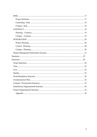 RISK ....................................................................................................................................... 17
       Project Initiation................................................................................................................. 17
       Controlling - Risk .............................................................................................................. 18
       Critique - Risk .................................................................................................................... 18
   CONTRACT ........................................................................................................................... 19
       Planning – Contract............................................................................................................ 19
       Critique – Contract ............................................................................................................. 19
   INTEGRATION ..................................................................................................................... 20
       Project Planning ................................................................................................................. 20
       Control - Planning .............................................................................................................. 20
       Critique - Planning ............................................................................................................. 20
   Project Management Information Systems............................................................................. 21
Summary ..................................................................................................................................22
Enclosure..................................................................................................................................24
   Scope Statement ..................................................................................................................... 24
   Time ........................................................................................................................................ 25
   Cost ......................................................................................................................................... 25
   Quality .................................................................................................................................... 25
   Work Breakdown Structure .................................................................................................... 28
   Communication Plan .............................................................................................................. 32
   Contract / Procurement Summary .......................................................................................... 33
   Smarthomes Organisational Structure .................................................................................... 34
   Project Organisational Structure ............................................................................................. 35
       Appendix ............................................................................................................................ 36




                                                                                                                                                  4
 