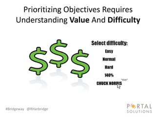 Prioritizing Objectives Requires
     Understanding Value And Difficulty




#Bridgeway @RHarbridge
 