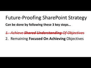 Future-Proofing SharePoint Strategy
 Can be done by following these 3 key steps…

 1. Achieve Shared Understanding Of Objectives
 2. Remaining Focused On Achieving Objectives




#Bridgeway @RHarbridge
 