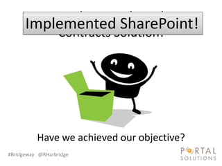 Implemented Legal
      ImplementedSolution!
          Contracts
                    SharePoint!




          Have we achieved our objective?
#Bridgeway @RHarbridge
 