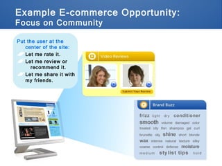 Example E-commerce Opportunity:  Focus on Community Put the user at the center of the site: Let me rate it. Let me review or    recommend it. Let me share it with my friends. 