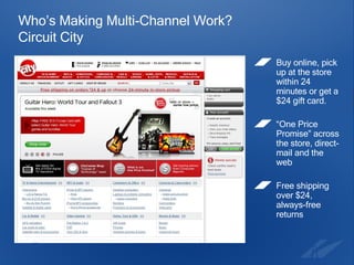 Who’s Making Multi-Channel Work?  Circuit City Buy online, pick up at the store within 24 minutes or get a $24 gift card.  “ One Price Promise” across the store, direct-mail and the web Free shipping over $24, always-free returns 