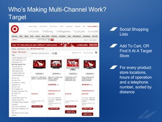 Who’s Making Multi-Channel Work?  Target Social Shopping Lists Add To Cart, OR Find It At A Target Store For every product: store locations, hours of operation and a telephone number, sorted by distance  
