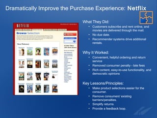 Dramatically Improve the Purchase Experience:  Netflix What They Did:  Customers subscribe and rent online, and movies are delivered through the mail. No due date. Recommender systems drive additional rentals. Why It Worked:  Convenient, helpful ordering and return service Removed consumer penalty - late fees Rich content, easy-to-use functionality, and democratic opinions Key Lessons/Principles: Make product selections easier for the consumer. Remove consumers' existing barriers/penalties. Simplify returns . Provide a feedback loop. 
