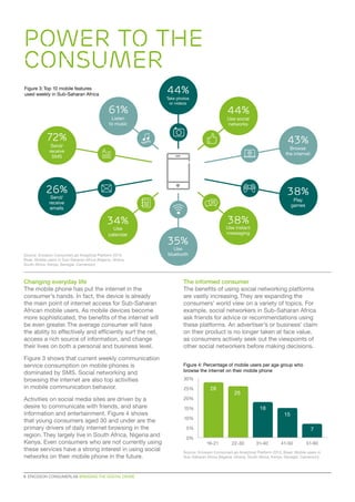 POWER TO THE
CONSUMER
44%

Figure 3: Top 10 mobile features
used weekly in Sub-Saharan Africa

61%

Take photos
or videos

44%

Listen
to music

Use social
networks

72%

43%

Send/
receive
SMS

Browse
the internet

26%

38%

Send/
receive
emails

Play
games

38%

34%
Use
calendar

Source: Ericsson ConsumerLab Analytical Platform 2013
Base: Mobile users in Sub-Saharan Africa (Nigeria, Ghana,
South Africa, Kenya, Senegal, Cameroon)

Changing everyday life
The mobile phone has put the internet in the
consumer’s hands. In fact, the device is already
the main point of internet access for Sub-Saharan
African mobile users. As mobile devices become
more sophisticated, the benefits of the internet will
be even greater. The average consumer will have
the ability to effectively and efficiently surf the net,
access a rich source of information, and change
their lives on both a personal and business level.
Figure 3 shows that current weekly communication
service consumption on mobile phones is
dominated by SMS. Social networking and
browsing the internet are also top activities
in mobile communication behavior.
Activities on social media sites are driven by a
desire to communicate with friends, and share
information and entertainment. Figure 4 shows
that young consumers aged 30 and under are the
primary drivers of daily internet browsing in the
region. They largely live in South Africa, Nigeria and
Kenya. Even consumers who are not currently using
these services have a strong interest in using social
networks on their mobile phone in the future.
6  ERICSSON CONSUMERLAB BRIDGING THE DIGITAL DIVIDE

Use instant
messaging

35%
Use
bluetooth

The informed consumer
The benefits of using social networking platforms
are vastly increasing. They are expanding the
consumers’ world view on a variety of topics. For
example, social networkers in Sub-Saharan Africa
ask friends for advice or recommendations using
these platforms. An advertiser’s or business’ claim
on their product is no longer taken at face value,
as consumers actively seek out the viewpoints of
other social networkers before making decisions.
Figure 4: Percentage of mobile users per age group who
browse the internet on their mobile phone
30%
25%

28

20%

26
18

15%

15

10%
5%
0%

7
16-21

22-30

31-40

41-50

51-60

Source: Ericsson ConsumerLab Analytical Platform 2013. Base: Mobile users in
Sub-Saharan Africa (Nigeria, Ghana, South Africa, Kenya, Senegal, Cameroon)

 