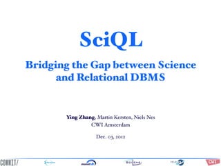 SciQL
Bridging the Gap between Science
and Relational DBMS

Ying Zhang, Martin Kersten, Niels Nes
CWI Amsterdam
Dec. 03, 2012

Virtual(Observatory(Infrastructure(
for(Earth(Observation(Data

Project(acronym:(
TELEIOS
Grant(agreement(no:(( FP7(8 257662

 
