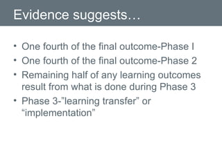 Evidence suggests… One fourth of the final outcome-Phase I One fourth of the final outcome-Phase 2 Remaining half of any learning outcomes result from what is done during Phase 3 Phase 3-”learning transfer” or “implementation” 