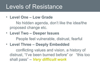 Levels of Resistance Level One – Low Grade No hidden agenda, don’t like the idea/the proposed change etc. Level Two – Deeper Issues   People feel vulnerable, distrust, fearful Level Three – Deeply Embedded   conflicting values and vision, a history of distrust, “I’ve been burned before” or  “this too shall pass” –  Very difficult work 