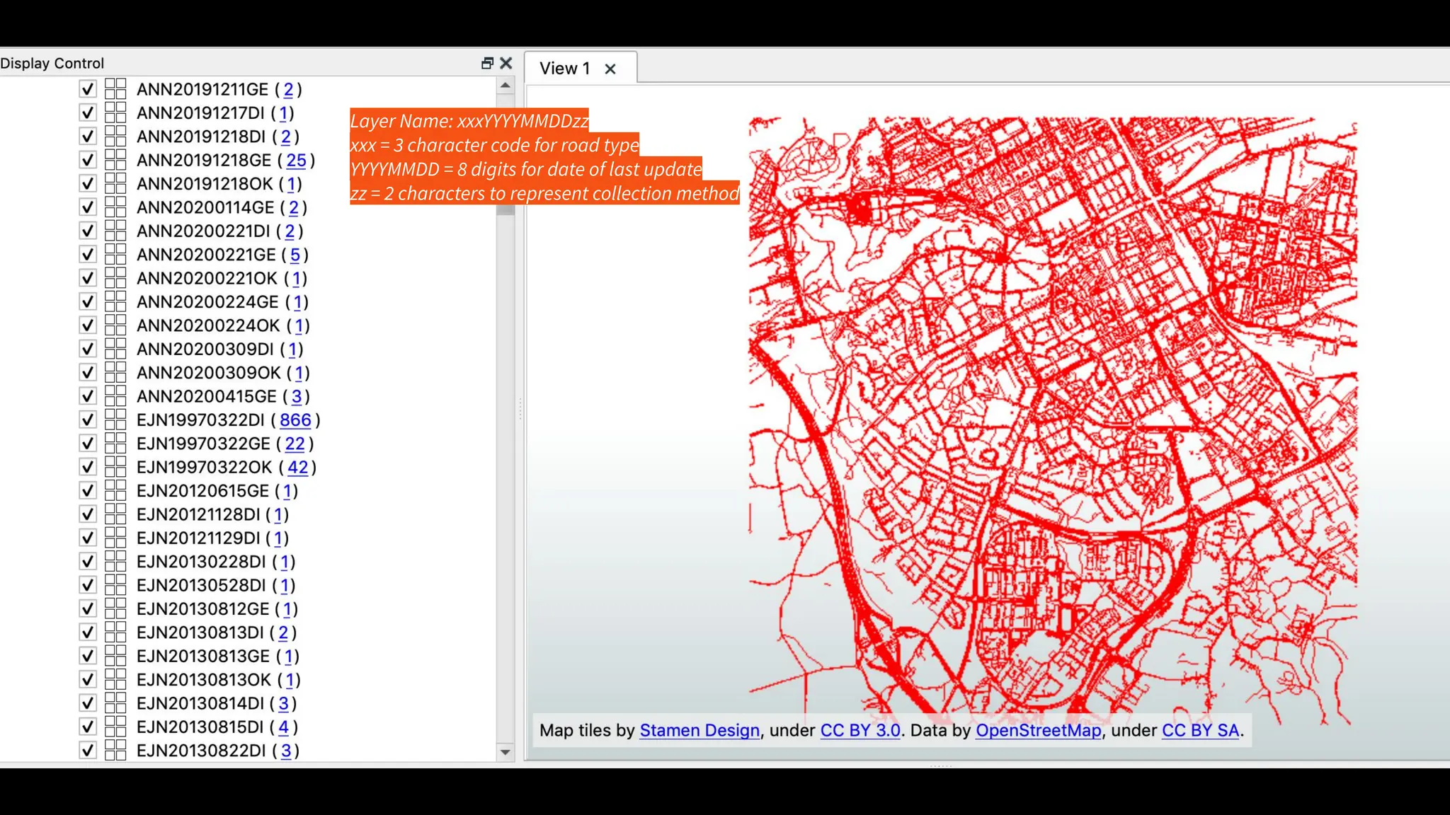 Layer Name: xxxYYYYMMDDzz
xxx = 3 character code for road type
YYYYMMDD = 8 digits for date of last update
zz = 2 characters to represent collection method
 