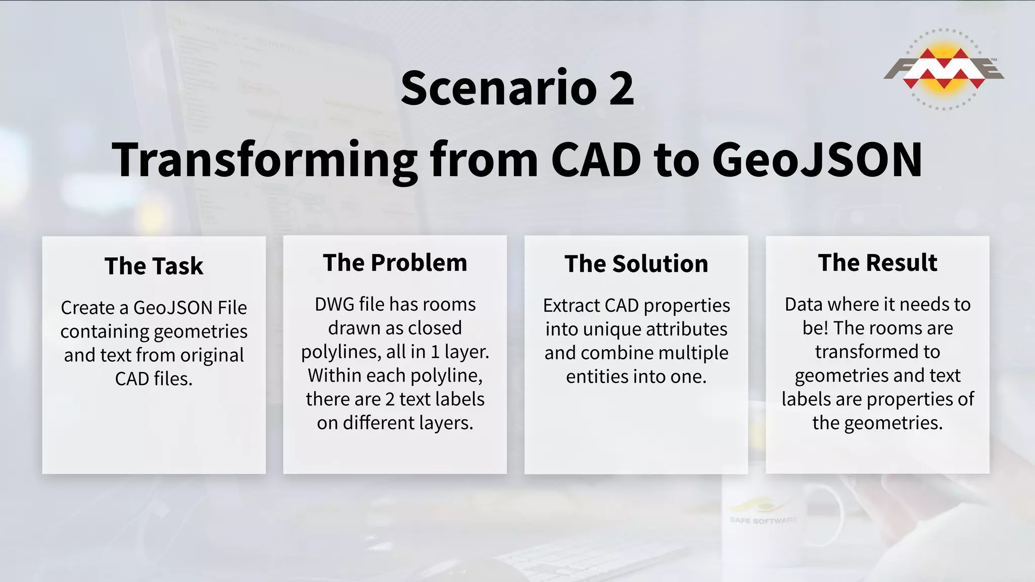 Transforming from CAD to GeoJSON
The Task
Create a GeoJSON File
containing geometries
and text from original
CAD files.
The Problem
DWG file has rooms
drawn as closed
polylines, all in 1 layer.
Within each polyline,
there are 2 text labels
on diﬀerent layers.
The Solution
Extract CAD properties
into unique attributes
and combine multiple
entities into one.
The Result
Data where it needs to
be! The rooms are
transformed to
geometries and text
labels are properties of
the geometries.
Scenario 2
 