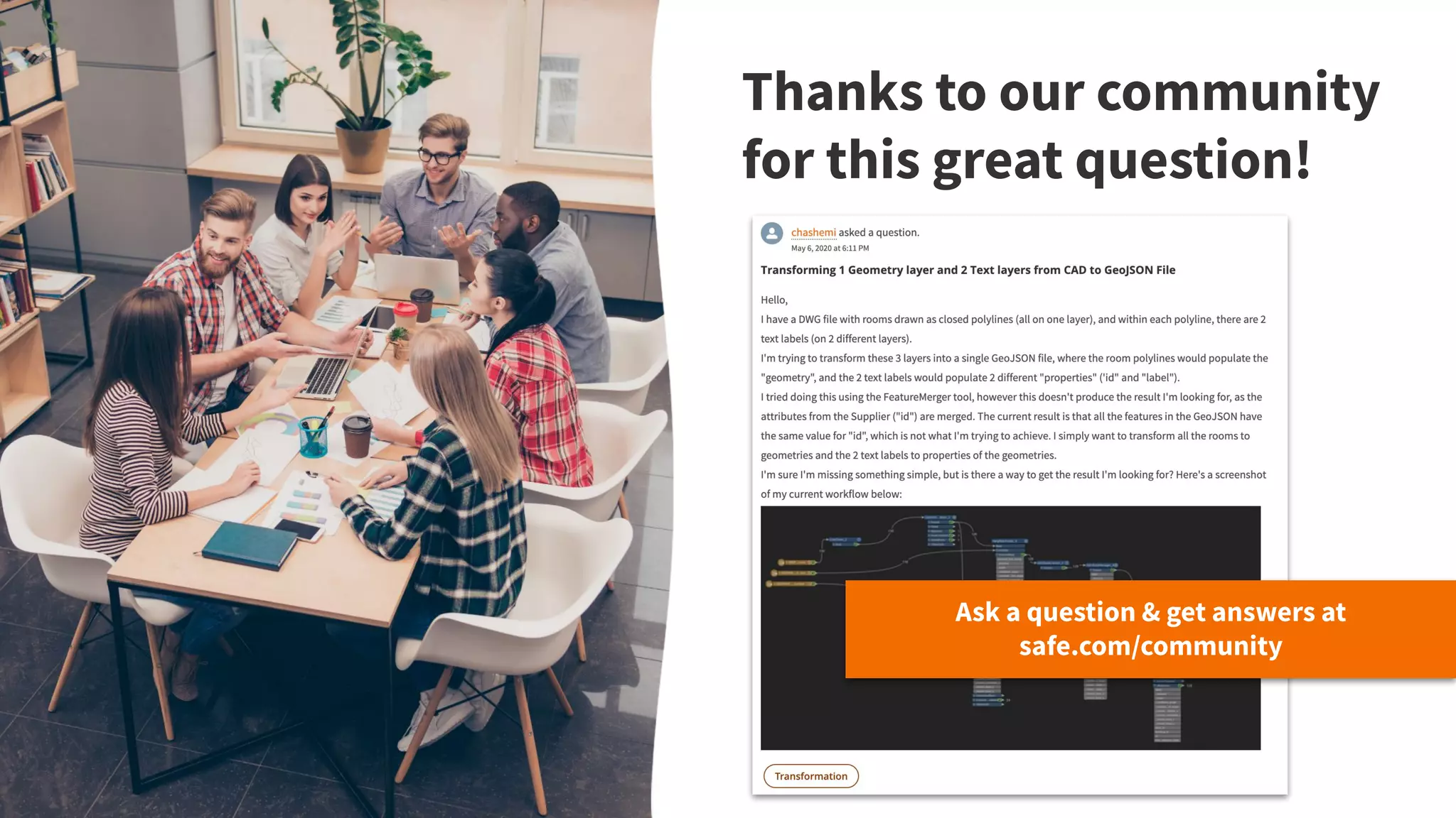 Thanks to our community
for this great question!
Ask a question & get answers at
safe.com/community
 