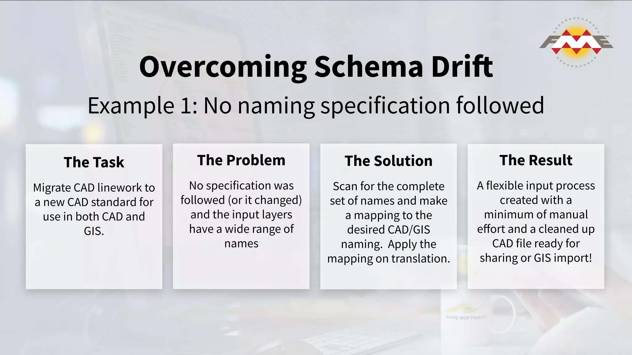Overcoming Schema Drift
Example 1: No naming specification followed
The Task
Migrate CAD linework to
a new CAD standard for
use in both CAD and
GIS.
The Problem
No specification was
followed (or it changed)
and the input layers
have a wide range of
names
The Solution
Scan for the complete
set of names and make
a mapping to the
desired CAD/GIS
naming. Apply the
mapping on translation.
The Result
A flexible input process
created with a
minimum of manual
eﬀort and a cleaned up
CAD file ready for
sharing or GIS import!
 