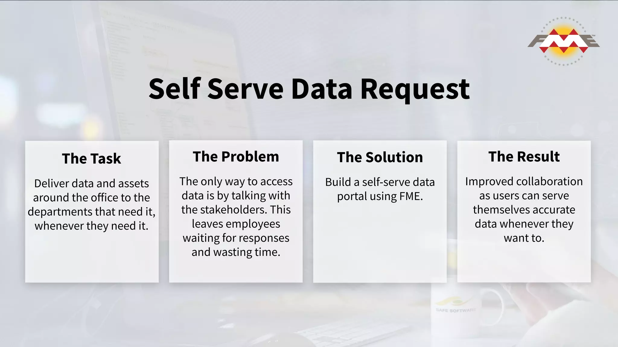 Self Serve Data Request
The Task
Deliver data and assets
around the oﬀice to the
departments that need it,
whenever they need it.
The Problem
The only way to access
data is by talking with
the stakeholders. This
leaves employees
waiting for responses
and wasting time.
The Solution
Build a self-serve data
portal using FME.
The Result
Improved collaboration
as users can serve
themselves accurate
data whenever they
want to.
 