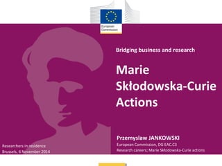 Bridging business and research 
Marie 
Skłodowska-Curie 
Actions 
Przemyslaw JANKOWSKI 
European Commission, DG EAC.C3 
Research careers; Marie Skłodowska-Curie actions 
Researchers in residence 
Brussels, 6 November 2014 
 