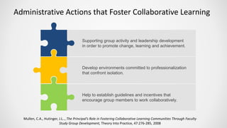 Administrative Actions that Foster Collaborative Learning
Supporting group activity and leadership development
in order to promote change, learning and achievement.
Develop environments committed to professionalization
that confront isolation.
Help to establish guidelines and incentives that
encourage group members to work collaboratively.
Mullen, C.A., Hutinger, J.L.., The Principal’s Role in Fostering Collaborative Learning Communities Through Faculty
Study Group Development, Theory Into Practice, 47:276-285, 2008
 