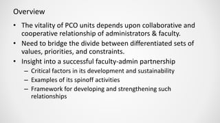 Overview
• The vitality of PCO units depends upon collaborative and
cooperative relationship of administrators & faculty.
• Need to bridge the divide between differentiated sets of
values, priorities, and constraints.
• Insight into a successful faculty-admin partnership
– Critical factors in its development and sustainability
– Examples of its spinoff activities
– Framework for developing and strengthening such
relationships
 