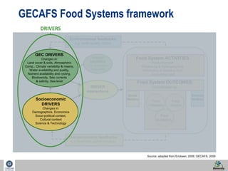 11 
GECAFS Food Systems framework 
‘Natural’ 
DRIVERS 
e.g. Volcanoes 
Solar cycles 
DRIVER 
Interactions 
DRIVERS 
Land cover & soils, Atmospheric 
Comp., Climate variability & means, 
Water availability and quality, 
Nutrient availability and cycling, 
Socioeconomic feedbacks 
e.g. livelihood, social cohesion 
Food System ACTIVITIES 
Producing food 
Processing & Packaging food 
Distributing & Retailing food 
Consuming food 
Food System OUTCOMES 
Contribution to 
Social 
Welfare 
Environ 
Welfare 
Food 
Utilisation 
Food 
Access 
Food 
Availability 
Environmental feedbacks 
e.g. water quality, GHGs 
GEC DRIVERS 
Changes in: 
Biodiversity, Sea currents 
& salinity, Sea level 
Socioeconomic 
DRIVERS 
Changes in: 
Demographics, Economics 
Socio-political context, 
Cultural context 
Science & Technology 
Source: adapted from Ericksen, 2008; GECAFS, 2009 
 