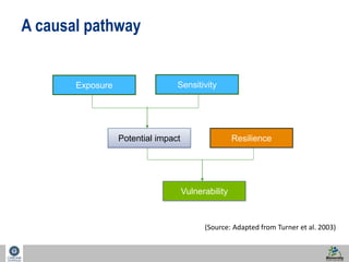 20 
A causal pathway 
Sensitivity 
(Source: Adapted from Turner et al. 2003) 
Exposure 
Potential impact Resilience 
Vulnerability 
 