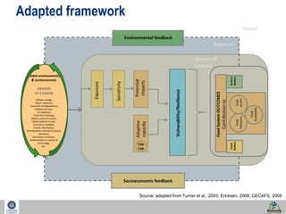 21 
Food System OUTCOMES 
Contribution to 
Global 
Food 
Access 
Food 
Social 
Welfare 
Utilisation 
Food 
Availability 
Regional 
System of 
interest 
Environmental feedback 
Cop. 
Cap. 
Socioeconomic feedback 
Environ 
Welfare 
Source: adapted from Turner et al., 2003; Ericksen, 2008; GECAFS, 2009 
Adapted framework 
 