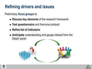 24 
Refining drivers and issues 
Preliminary focus groups to: 
 Discuss key elements of the research framework 
 Test questionnaire and fine-tune protocol 
 Refine list of indicators 
 Anticipate understanding and gauge interest from the 
Delphi panel 
 