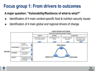 25 
Focus group 1: From drivers to outcomes 
A major question: “Vulnerability/Resilience of what to what?” 
 Identification of 4 main context-specific food & nutrition security issues 
 Identification of 4 main global and regional drivers of change 
 