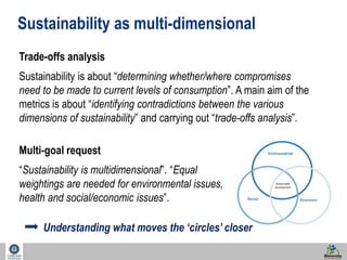 46 
Sustainability as multi-dimensional 
Trade-offs analysis 
Sustainability is about “determining whether/where compromises 
need to be made to current levels of consumption”. A main aim of the 
metrics is about “identifying contradictions between the various 
dimensions of sustainability” and carrying out “trade-offs analysis”. 
Multi-goal request 
“Sustainability is multidimensional”. “Equal 
weightings are needed for environmental issues, 
health and social/economic issues”. 
Understanding what moves the ‘circles’ closer 
 