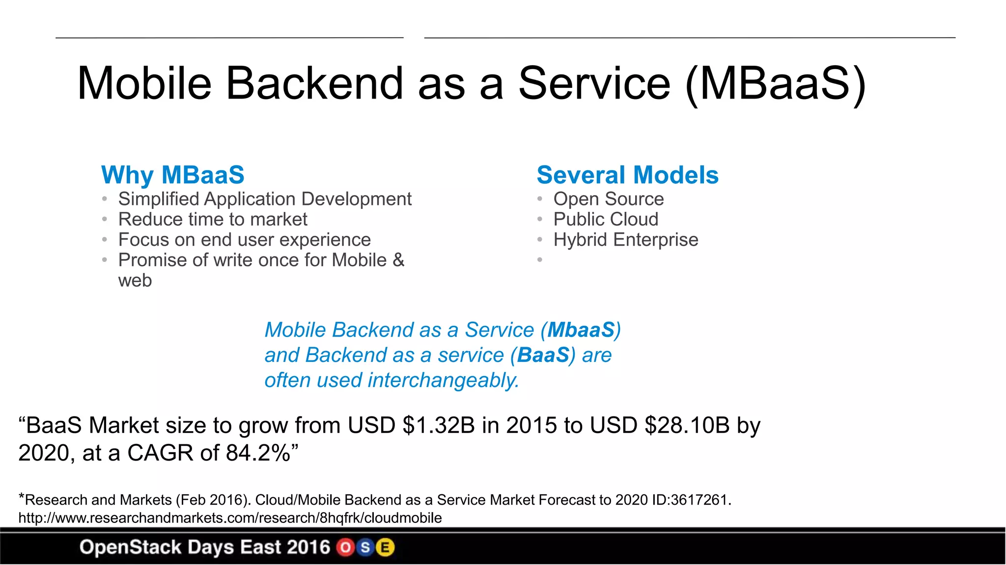 Mobile Backend as a Service (MBaaS)
Why MBaaS
• Simplified Application Development
• Reduce time to market
• Focus on end user experience
• Promise of write once for Mobile &
web
Several Models
• Open Source
• Public Cloud
• Hybrid Enterprise
•
“BaaS Market size to grow from USD $1.32B in 2015 to USD $28.10B by
2020, at a CAGR of 84.2%”
*Research and Markets (Feb 2016). Cloud/Mobile Backend as a Service Market Forecast to 2020 ID:3617261.
http://www.researchandmarkets.com/research/8hqfrk/cloudmobile
Mobile Backend as a Service (MbaaS)
and Backend as a service (BaaS) are
often used interchangeably.
 