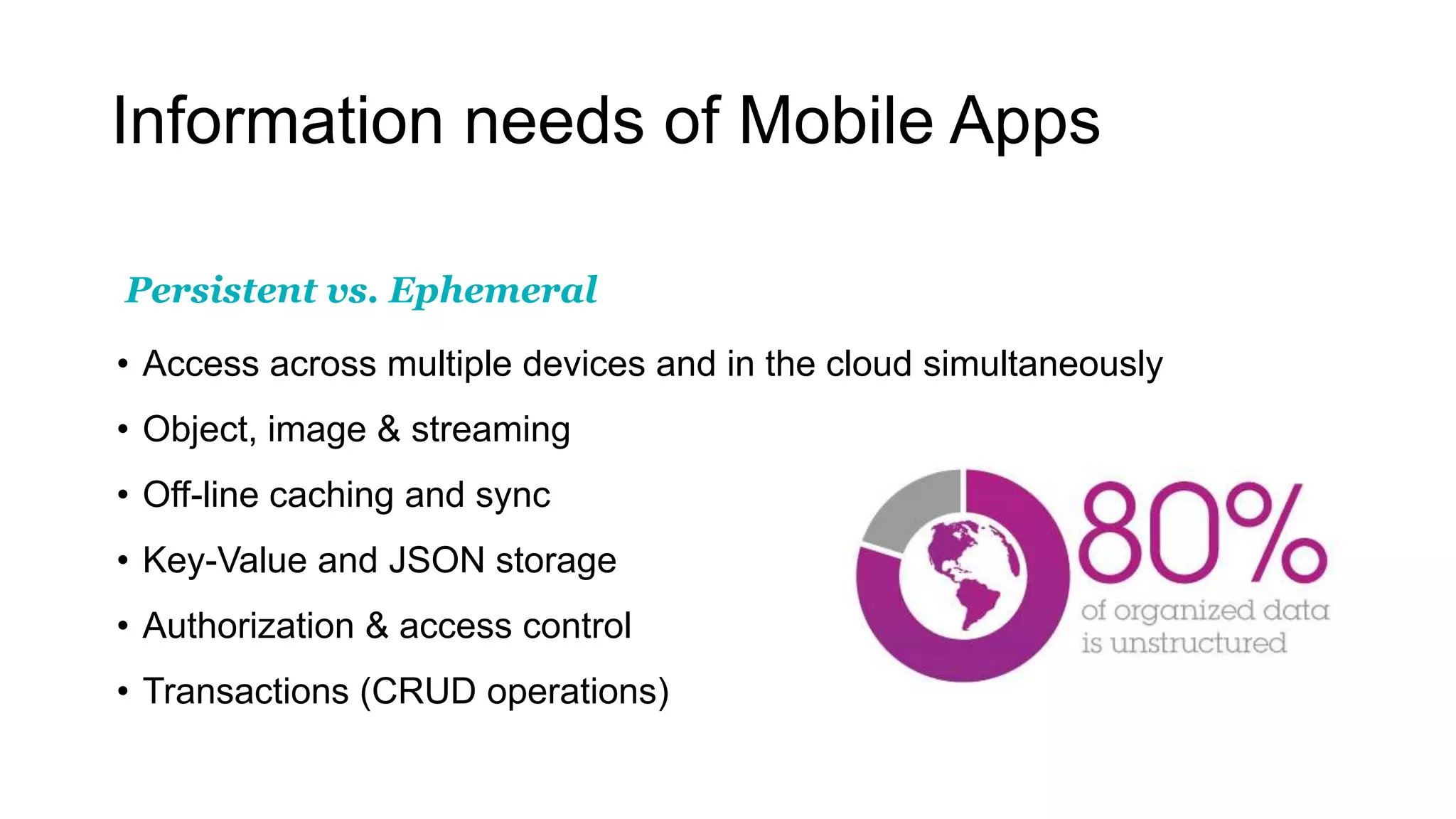 Information needs of Mobile Apps
• Access across multiple devices and in the cloud simultaneously
• Object, image & streaming
• Off-line caching and sync
• Key-Value and JSON storage
• Authorization & access control
• Transactions (CRUD operations)
Persistent vs. Ephemeral
 