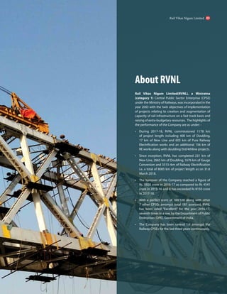 Rail Vikas Nigam Limited(RVNL), a Miniratna
(category 1) Central Public Sector Enterprise (CPSE)
under the Ministry of Railways, was incorporated in the
year 2003 with the twin objectives of implementation
of projects relating to creation and augmentation of
capacity of rail infrastructure on a fast track basis and
raising of extra-budgetary resources. The highlights of
the performance of the Company are as under: -
• During 2017-18, RVNL commissioned 1178 km
of project length including 400 km of Doubling,
17 km of New Line and 605 km of Pure Railway
Electrification works and an additional 156 km of
RE works along with doubling/3rd/4thline projects.
• Since inception, RVNL has completed 231 km of
New Line, 2665 km of Doubling, 1676 km of Gauge
Conversion and 3513 rkm of Railway Electrification
i.e. a total of 8085 km of project length as on 31st
March 2018.
• The turnover of the Company reached a figure of
Rs. 5920 crore in 2016-17 as compared to Rs 4541
crore in 2015-16 and it has exceeded Rs 8150 crore
in 2017-18.
• With a perfect score of 100/100 along with other
7 other CPSEs amongst total 181 assessed, RVNL
has been rated “Excellent” for the year 2016-17,
seventh times in a row, by the Department of Public
Enterprises (DPE), Government of India.
• The Company has been ranked 1st amongst the
Railway CPSEs for the last three years continuously.
About RVNL
Rail Vikas Nigam Limited 03
 