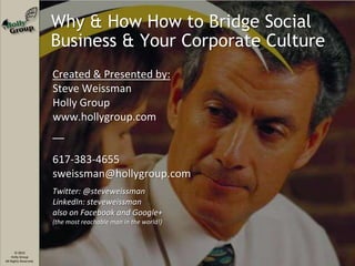 © 2013
Holly Group
All Rights Reserved.
Why & How How to Bridge Social
Business & Your Corporate Culture
Created & Presented by:
Steve Weissman
Holly Group
www.hollygroup.com
––
617-383-4655
sweissman@hollygroup.com
Twitter: @steveweissman
LinkedIn: steveweissman
also on Facebook and Google+
(the most reachable man in the world!)
 