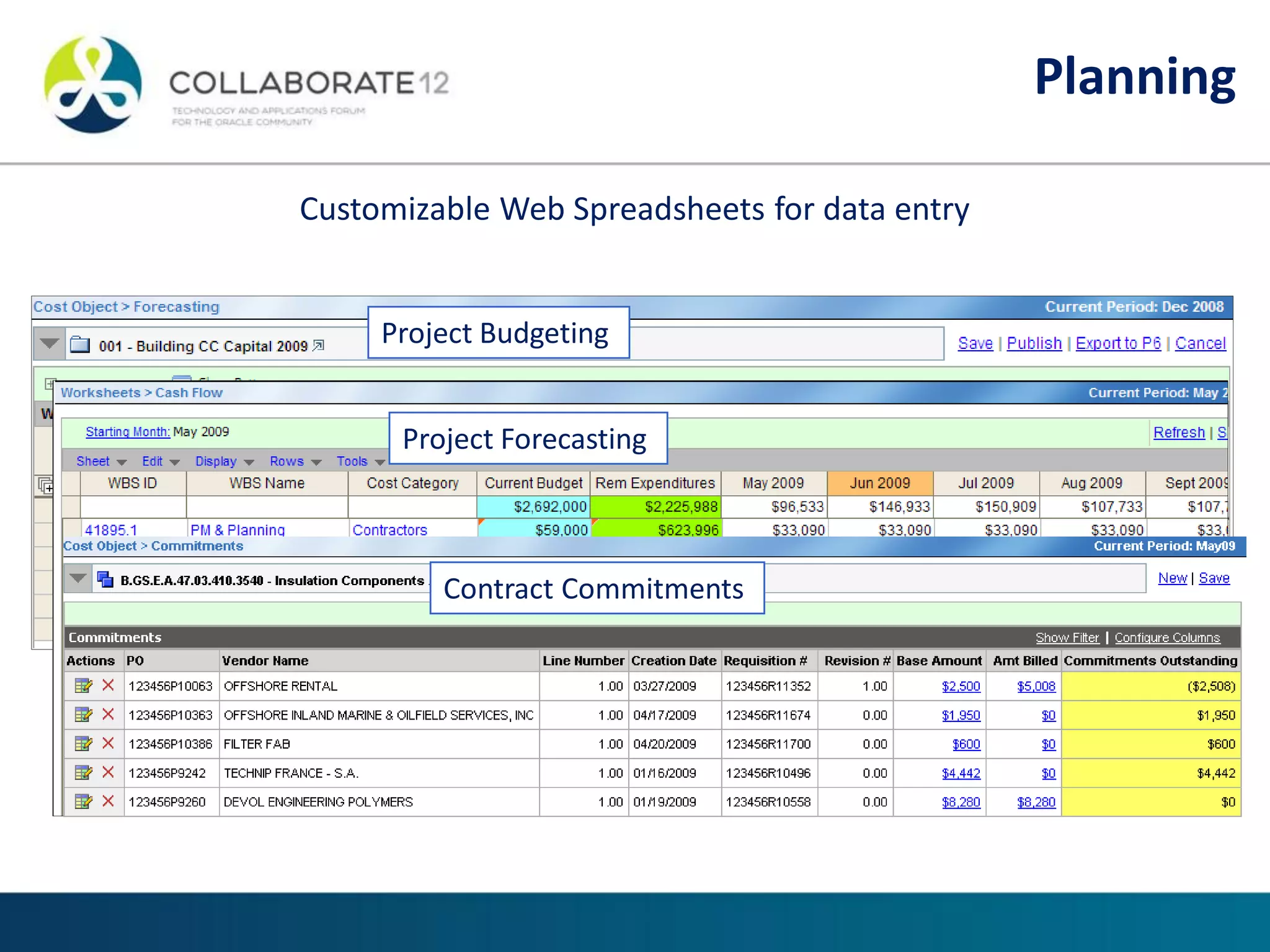 Project Budgeting
Project Forecasting
Contract Commitments
Planning
Customizable Web Spreadsheets for data entry
 