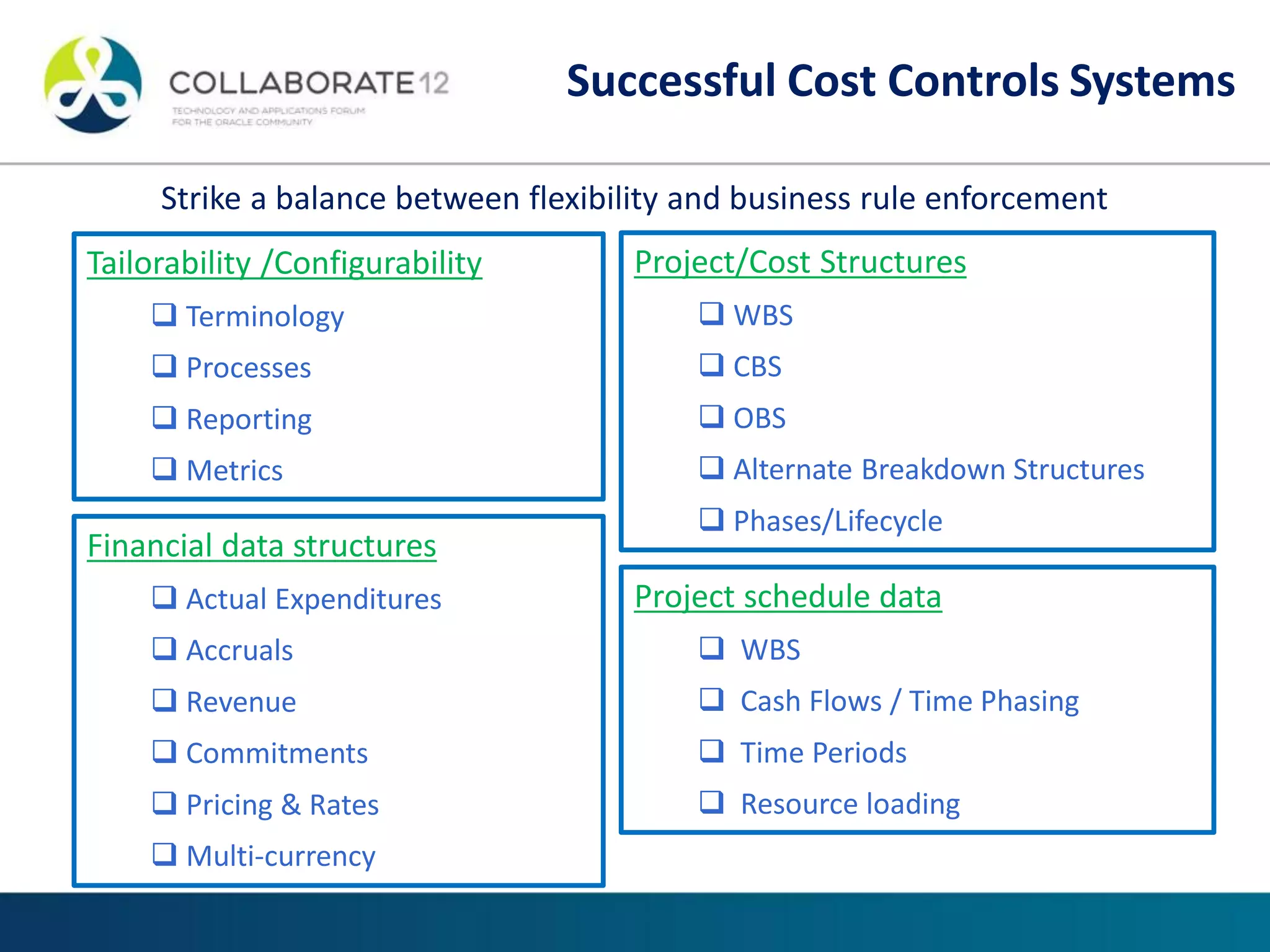 Strike a balance between flexibility and business rule enforcement
Tailorability /Configurability
 Terminology
 Processes
 Reporting
 Metrics
Project/Cost Structures
 WBS
 CBS
 OBS
 Alternate Breakdown Structures
 Phases/Lifecycle
Financial data structures
 Actual Expenditures
 Accruals
 Revenue
 Commitments
 Pricing & Rates
 Multi-currency
Project schedule data
 WBS
 Cash Flows / Time Phasing
 Time Periods
 Resource loading
Successful Cost Controls Systems
 