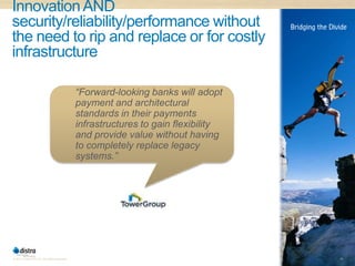 Innovation AND
security/reliability/performance without
the need to rip and replace or for costly
infrastructure

                                              “Forward-looking banks will adopt
                                              payment and architectural
                                              standards in their payments
                                              infrastructures to gain flexibility
                                              and provide value without having
                                              to completely replace legacy
                                              systems.”




© 2011 Distra Pty Ltd. All rights reserved.                                         16
 